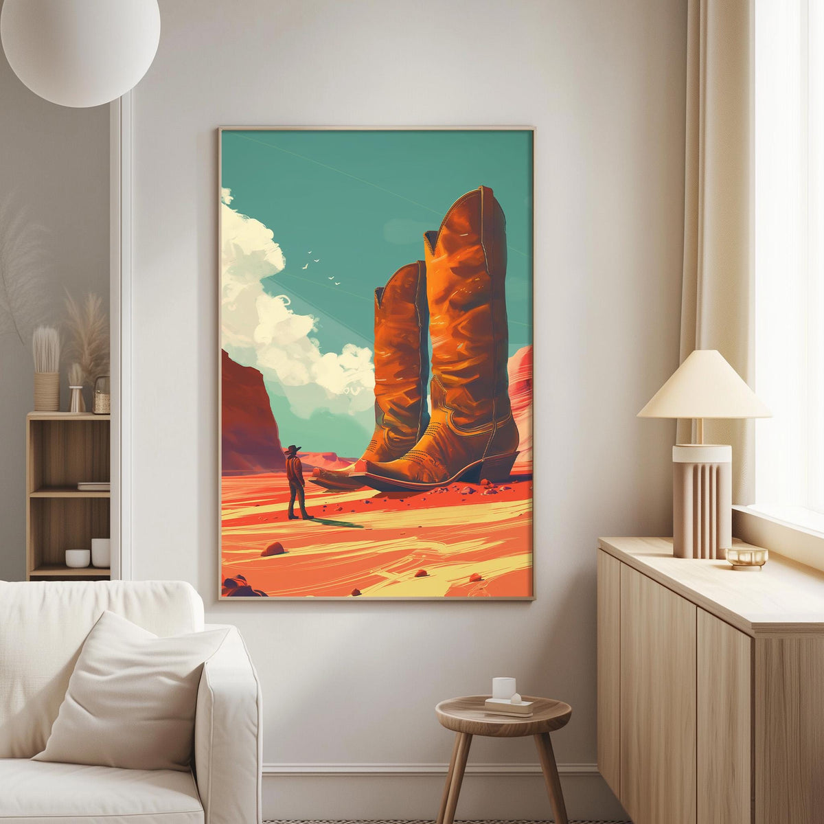 a large painting of a cowboy standing in a desert landscape, with two giant boots in the background.