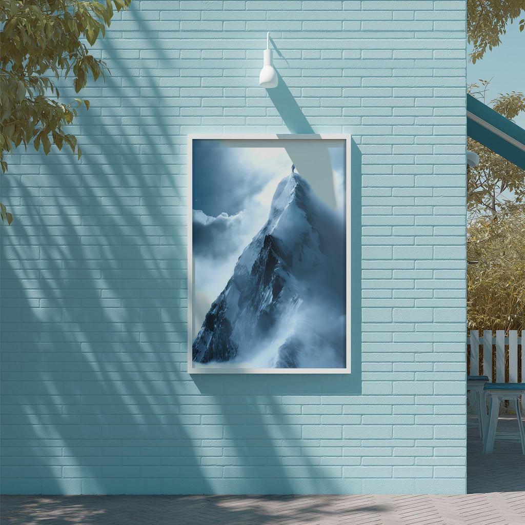 a large framed picture of a mountain with a dramatic, snow-capped peak, hanging on a light blue brick wall.