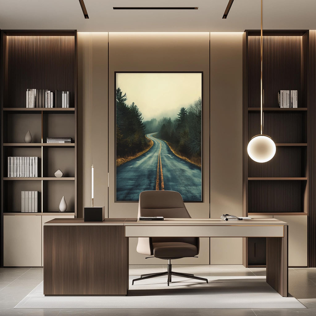 a modern and minimalist office space with a large framed landscape painting on the wall, a wooden desk with a chair, and built-in bookshelves.