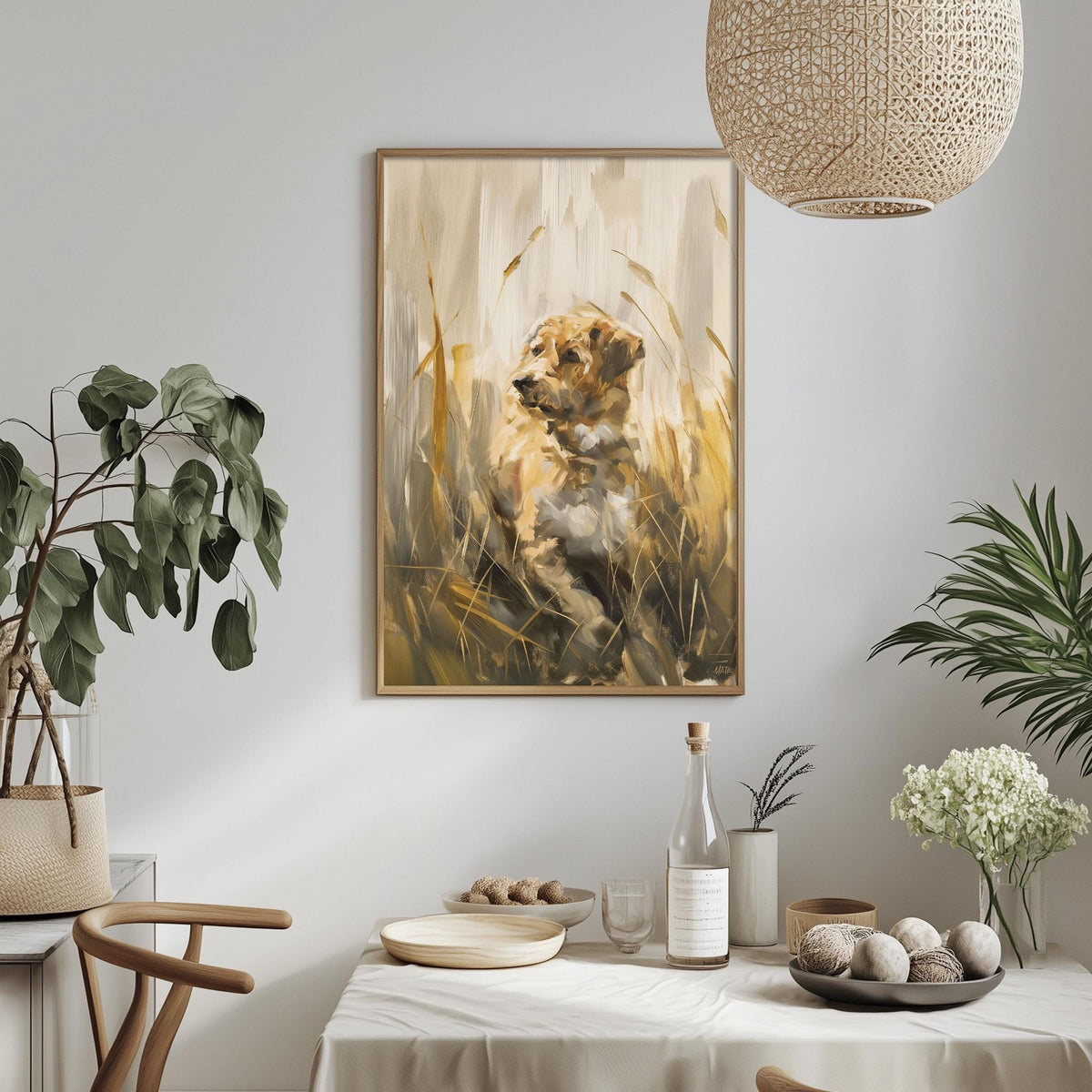 a dining table with a white tablecloth, a bowl of fruit, a bottle, and a vase with flowers. Above the table, there is a framed painting of a dog in a field.