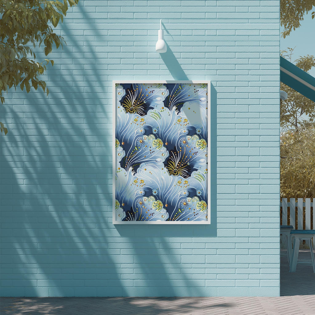 a blue brick wall with a framed artwork depicting a blue and white floral pattern hanging on it.