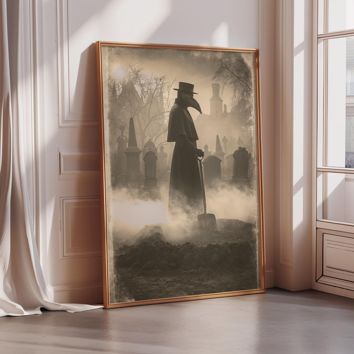 a large framed poster depicting a figure in a long black cloak and a mask, standing in a foggy graveyard.