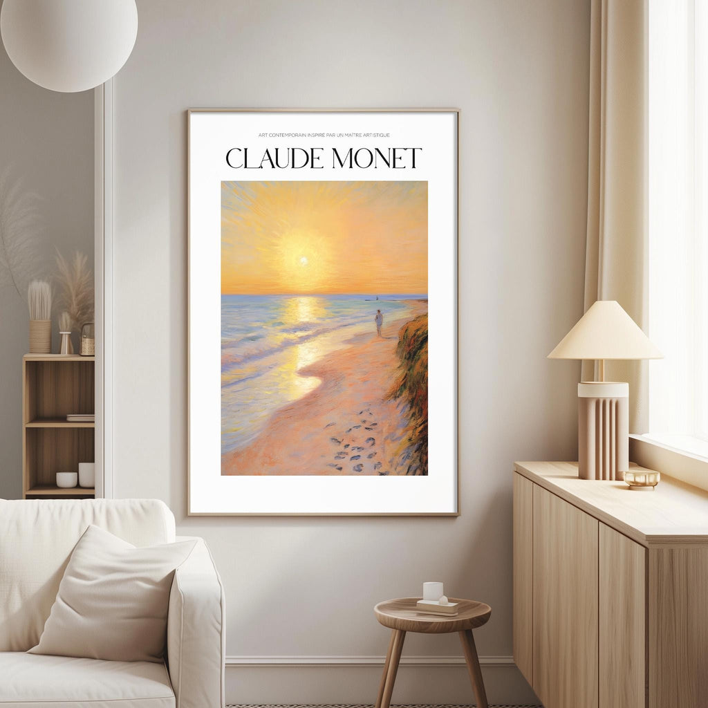 a framed painting of a beach scene with a sunset, a person walking along the shore, and footprints in the sand.