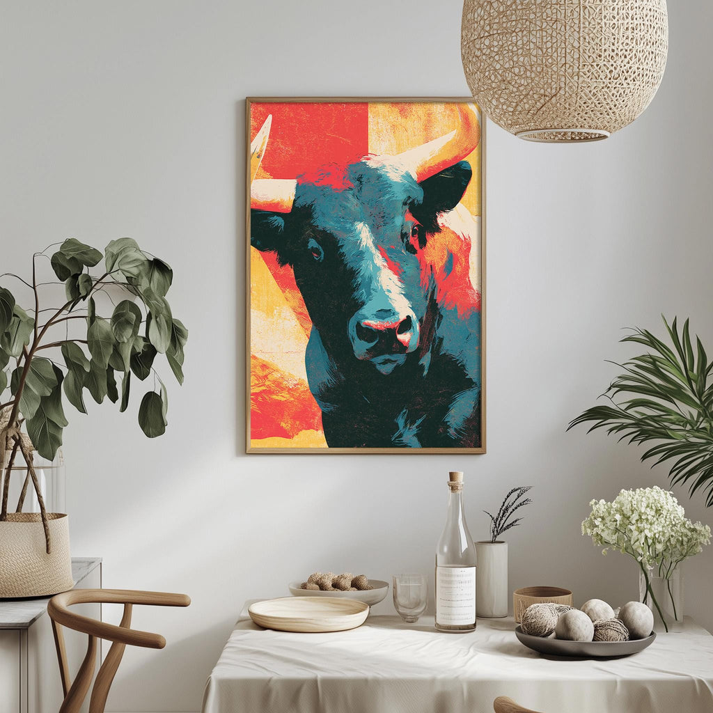 a dining table with a white tablecloth, a bowl of fruit, a bottle, and a vase with flowers. Above the table, there is a framed painting of a bull with a vibrant, colorful background.