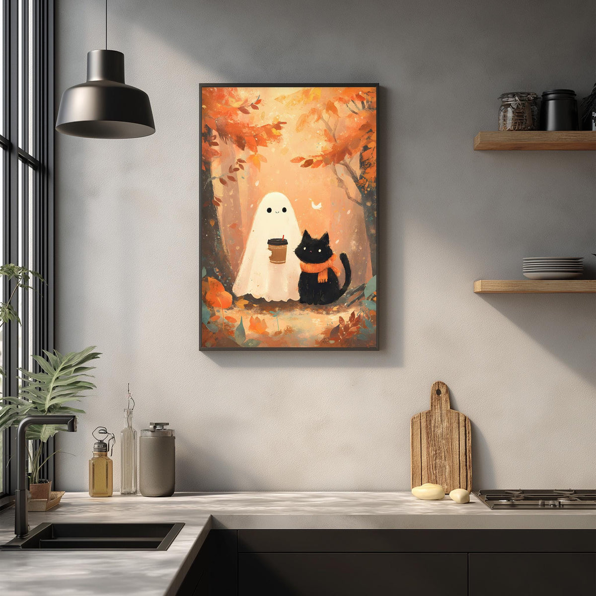 a kitchen scene with a framed illustration of a ghost and a cat on the wall.