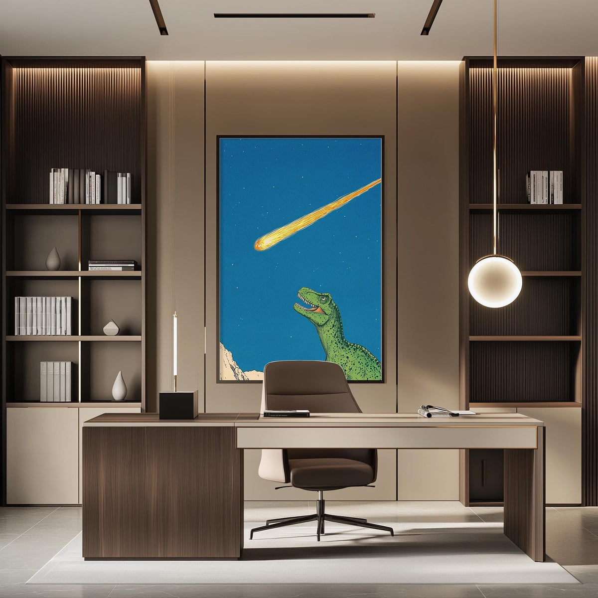 a modern office space with a large framed artwork depicting a dinosaur on the wall. The office has a wooden desk, a chair, and a bookshelf filled with books. The overall design and decor create a professional and stylish atmosphere.