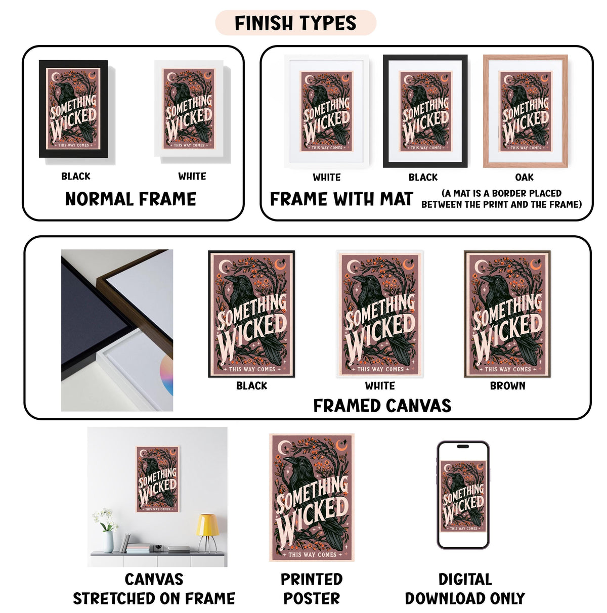 various finish types for a poster or artwork, including a black and white normal frame, a white frame with a mat, a black frame, a black framed canvas, a white framed canvas, a framed canvas, a stretched canvas, a printed poster, and a digital download only.