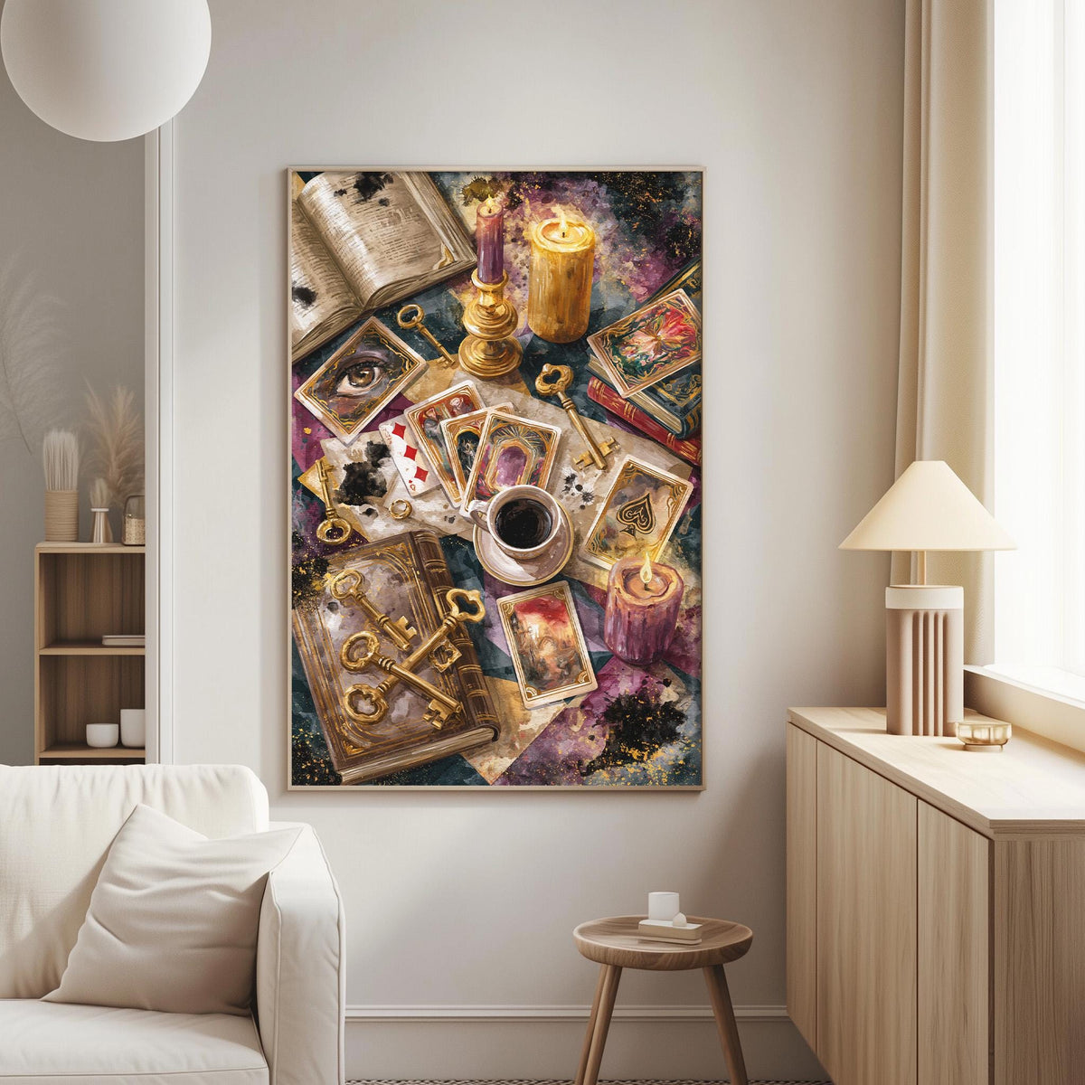 a large painting of various objects, including a book, a candle, a cup, and a deck of cards, displayed on a wall in a living room setting.