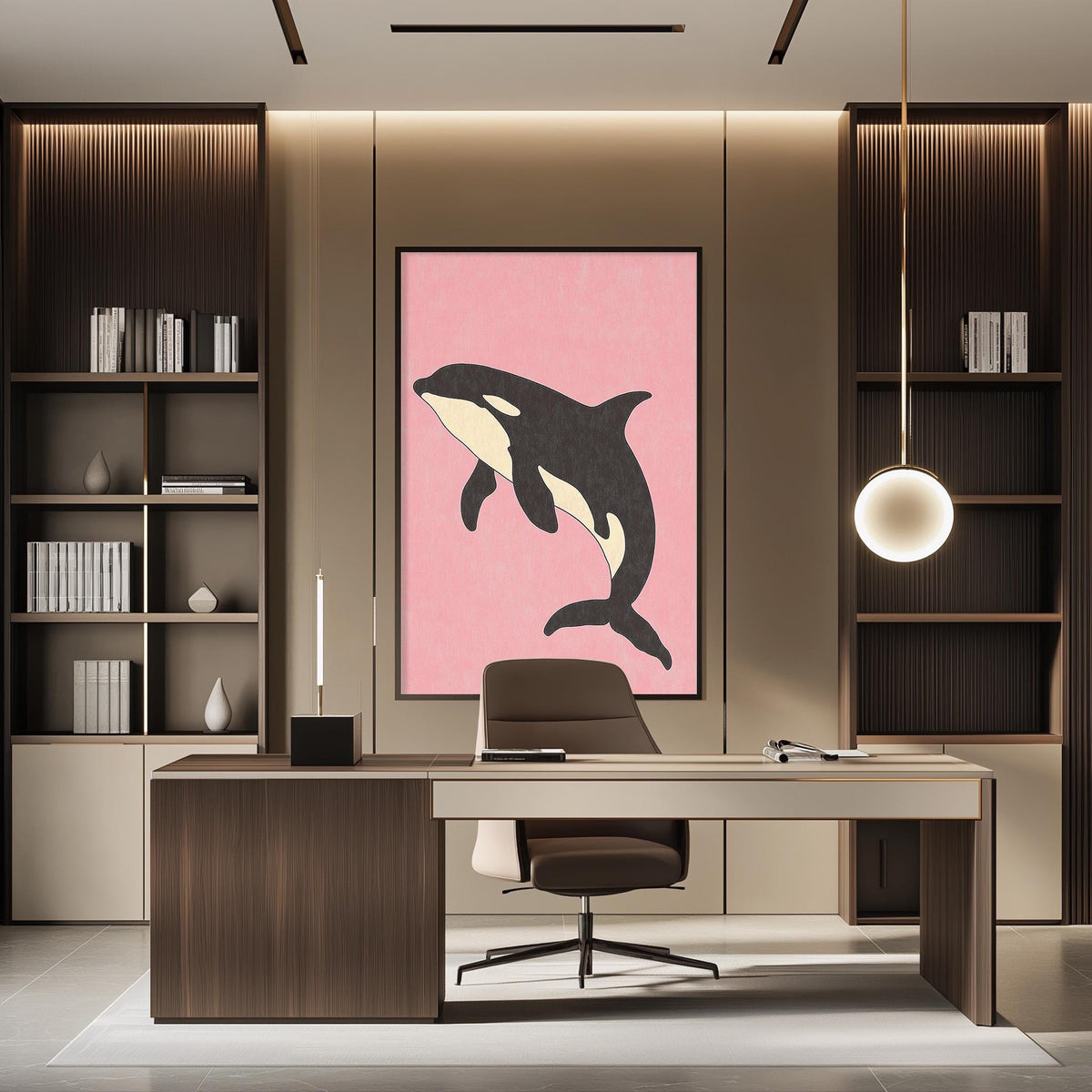 a modern office space with a large framed picture of a whale on the wall. The office has a wooden desk, a chair, and a bookshelf filled with books. The overall design and decor create a professional and stylish atmosphere.