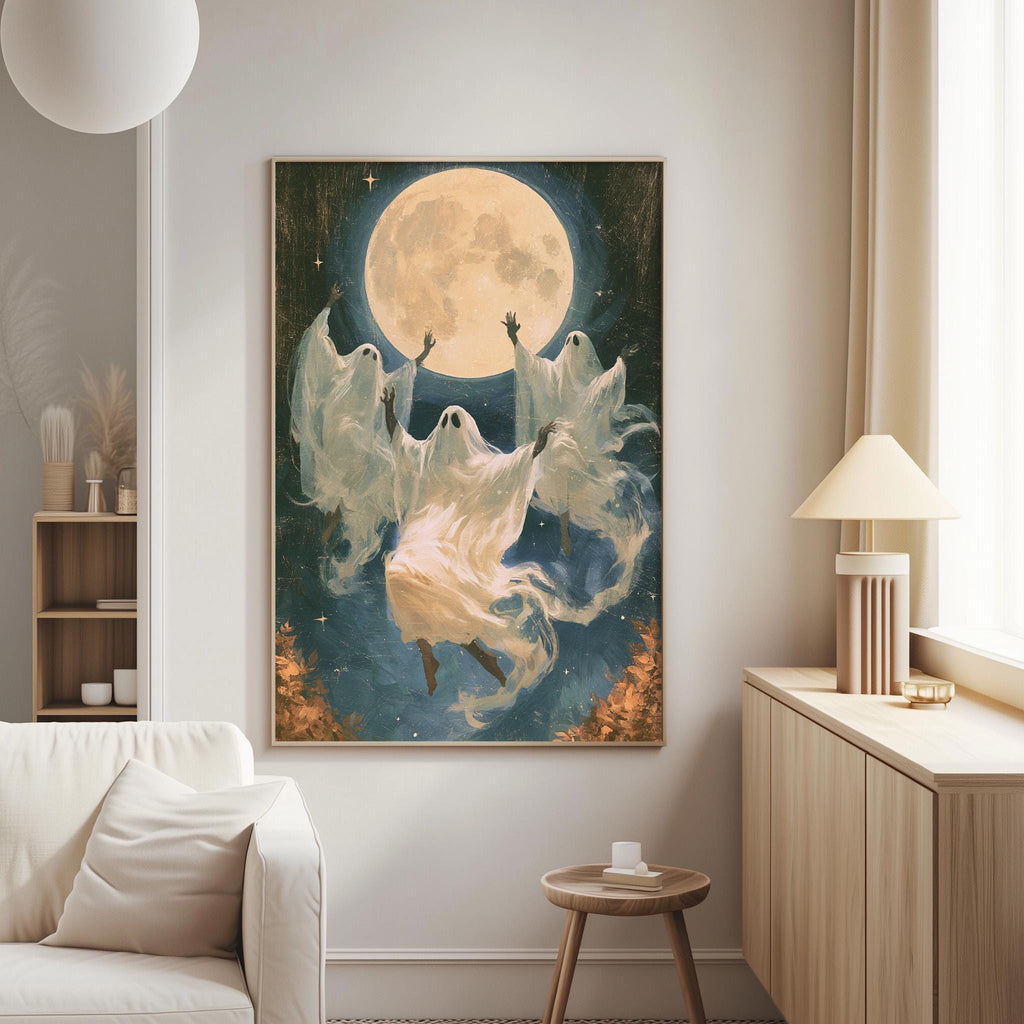 a large painting of three ghostly figures floating in the night sky, with a full moon in the background.