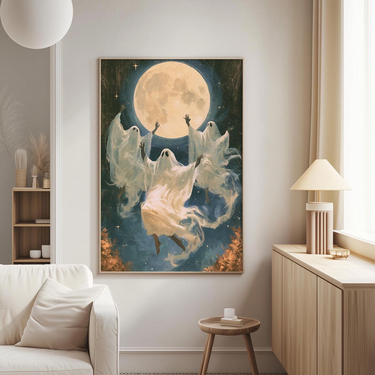 a large painting of three ghostly figures floating in the night sky, with a full moon in the background.