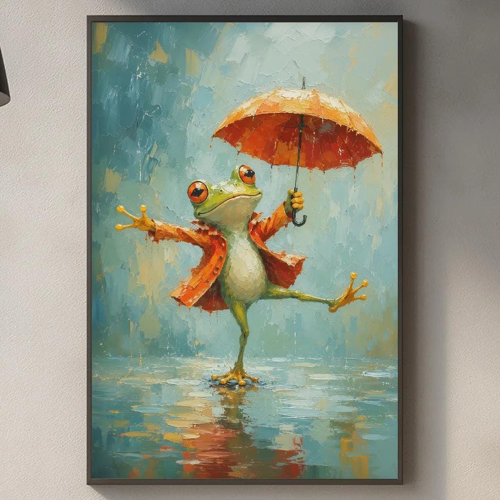 a painting of a frog holding an umbrella, standing on a counter in a kitchen setting.