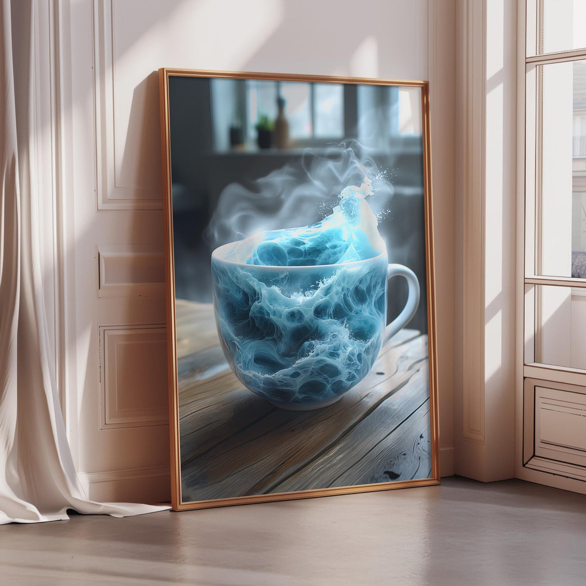 A framed image depicting a cup of tea with steam rising from it, set against a wooden table and a window.