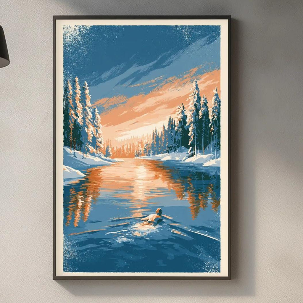 a framed painting of a serene winter landscape, depicting a snowy forest scene with a river flowing through it. The painting is hung on a wall above a kitchen counter, which has various kitchen items such as a cutting board, a bottle, and a vase. The overall scene is peaceful and calming, with the natural elements of the forest and the river creating a tranquil atmosphere.