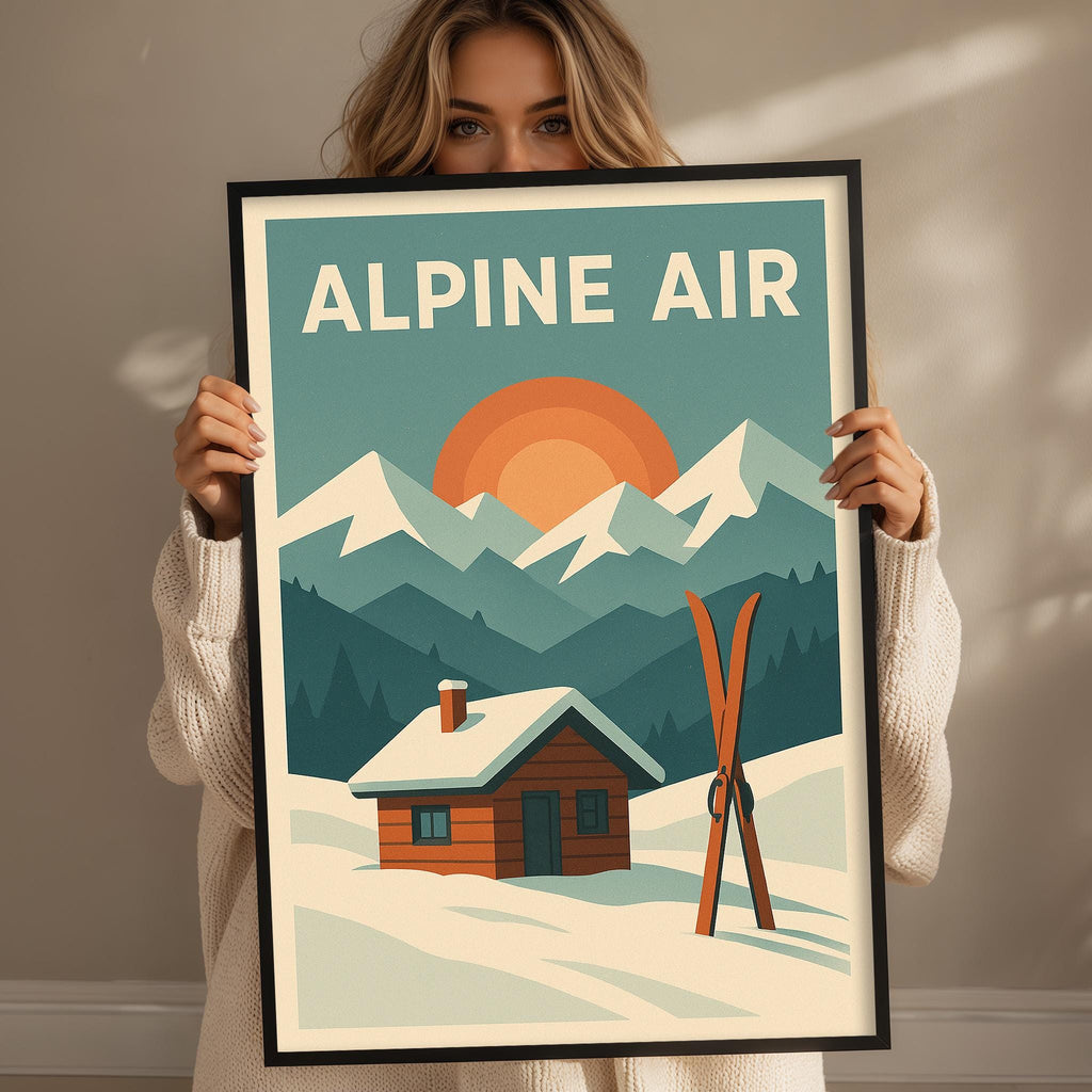 A woman holding a framed poster with a winter scene depicting a cabin, mountains, and skis.