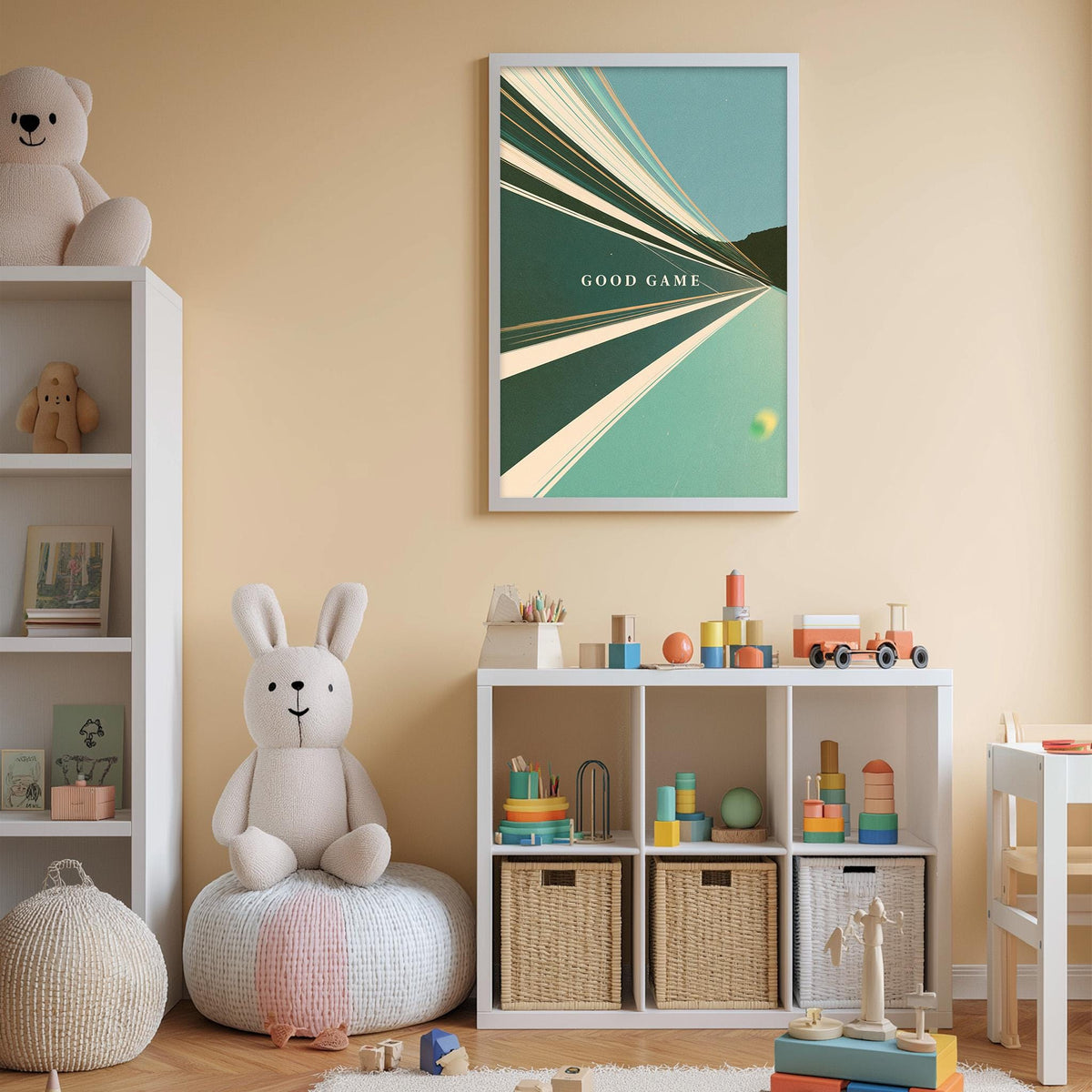 A cozy children's room with a white rabbit sitting on a bean bag chair, surrounded by shelves filled with toys and books, and a framed poster on the wall that reads "GOOD GAME".