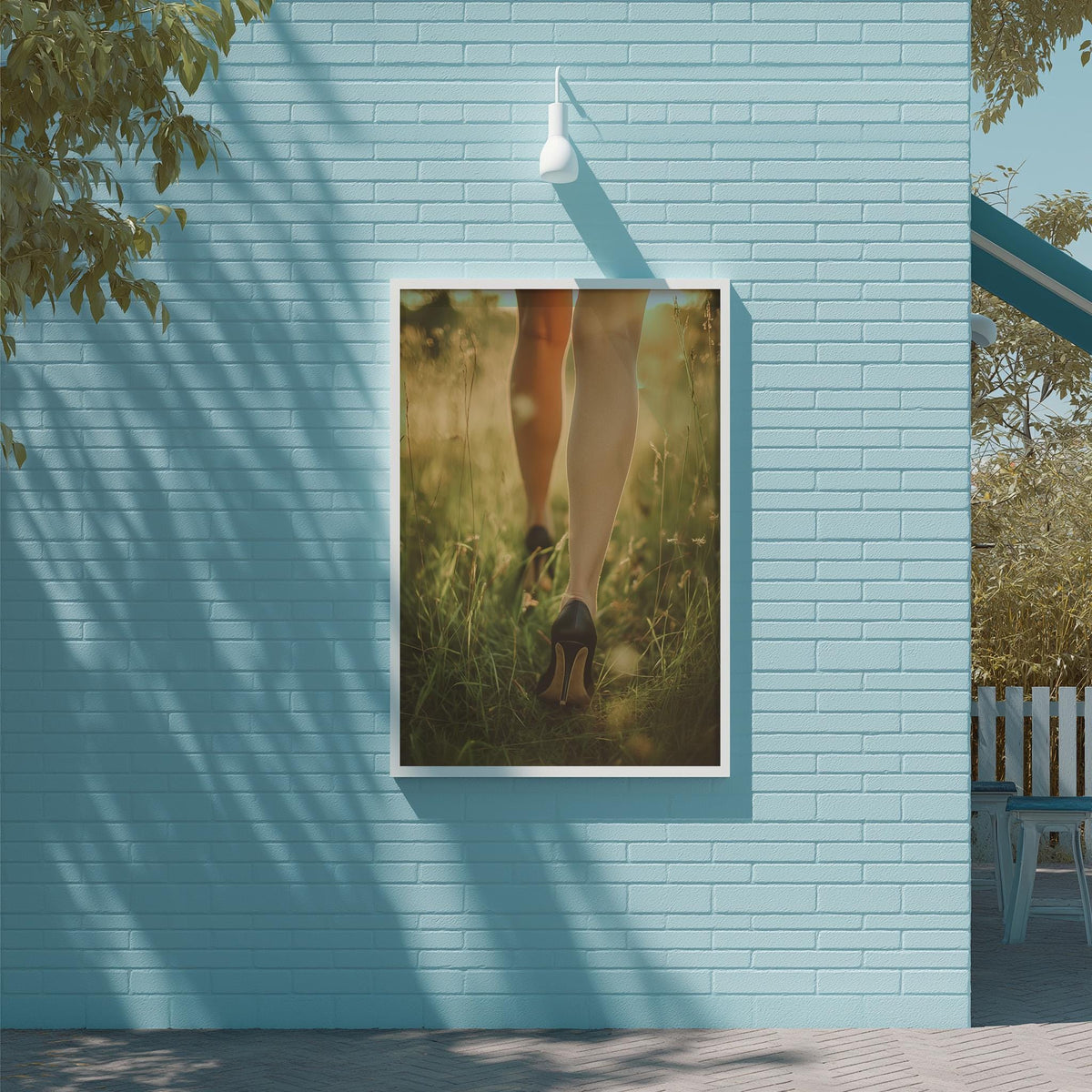 a framed photograph of a person's legs walking through a grassy field, mounted on a blue brick wall.