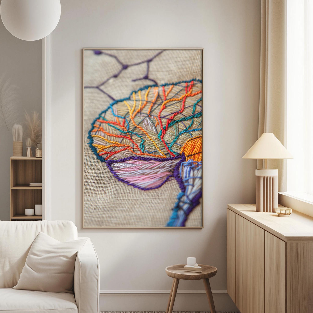a large, colorful embroidered piece of art hanging on a wall in a living room.