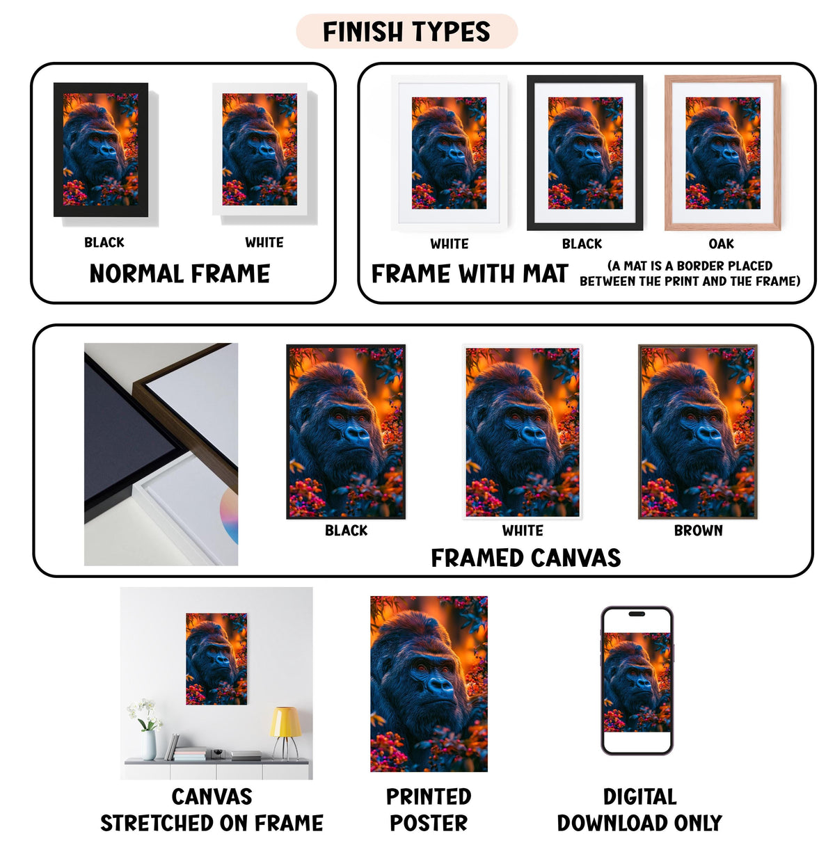 various finish types for a framed artwork, including a normal frame, a frame with a mat, a black frame, a white frame, a black frame, a white frame, a black frame, a white frame, a brown frame, a framed canvas, a stretched canvas, a printed poster, and a digital download only.