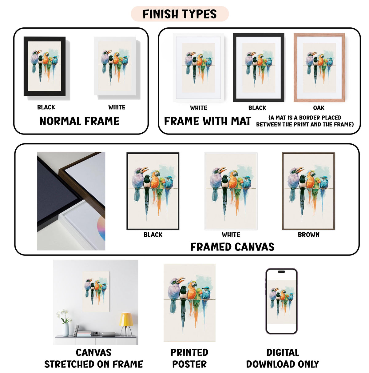various types of framed artwork, including paintings, photographs, and digital art, each with different finishes and frame styles.