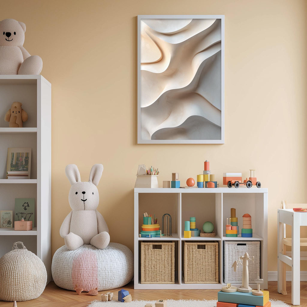 A cozy and well-organized children's playroom with a variety of toys and storage solutions. The room features a large white bookshelf, a plush white rabbit, and a colorful toy box filled with toys. A framed abstract artwork hangs on the wall, adding an artistic touch to the space.