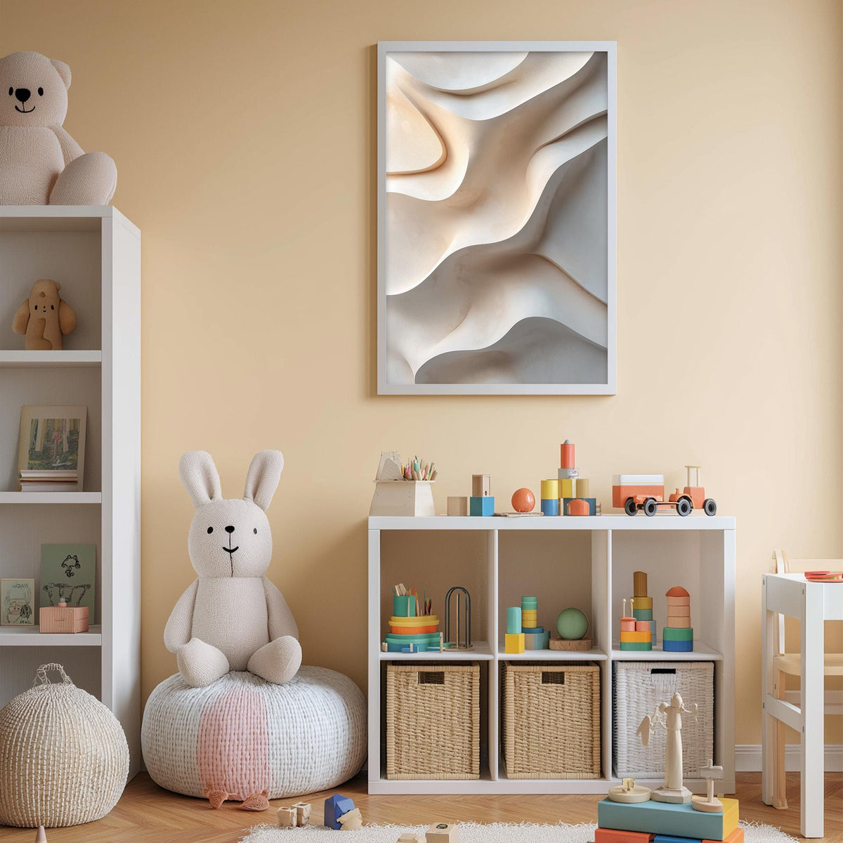 A cozy and well-organized children's playroom with a variety of toys and storage solutions. The room features a large white bookshelf, a plush white rabbit, and a colorful toy box filled with toys. A framed abstract artwork hangs on the wall, adding an artistic touch to the space.