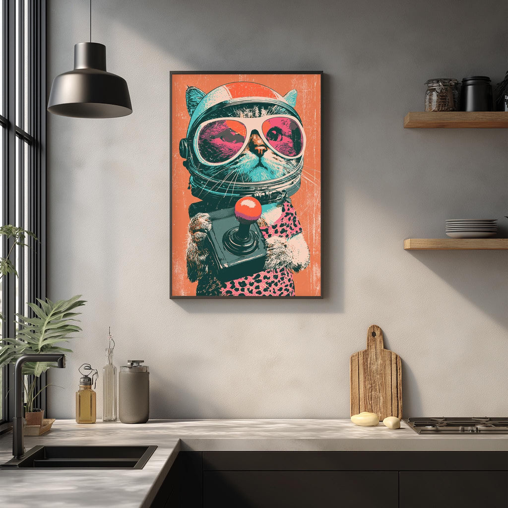 a vibrant and whimsical painting of a cat wearing a spacesuit and sunglasses, holding a camera, set against a colorful background.