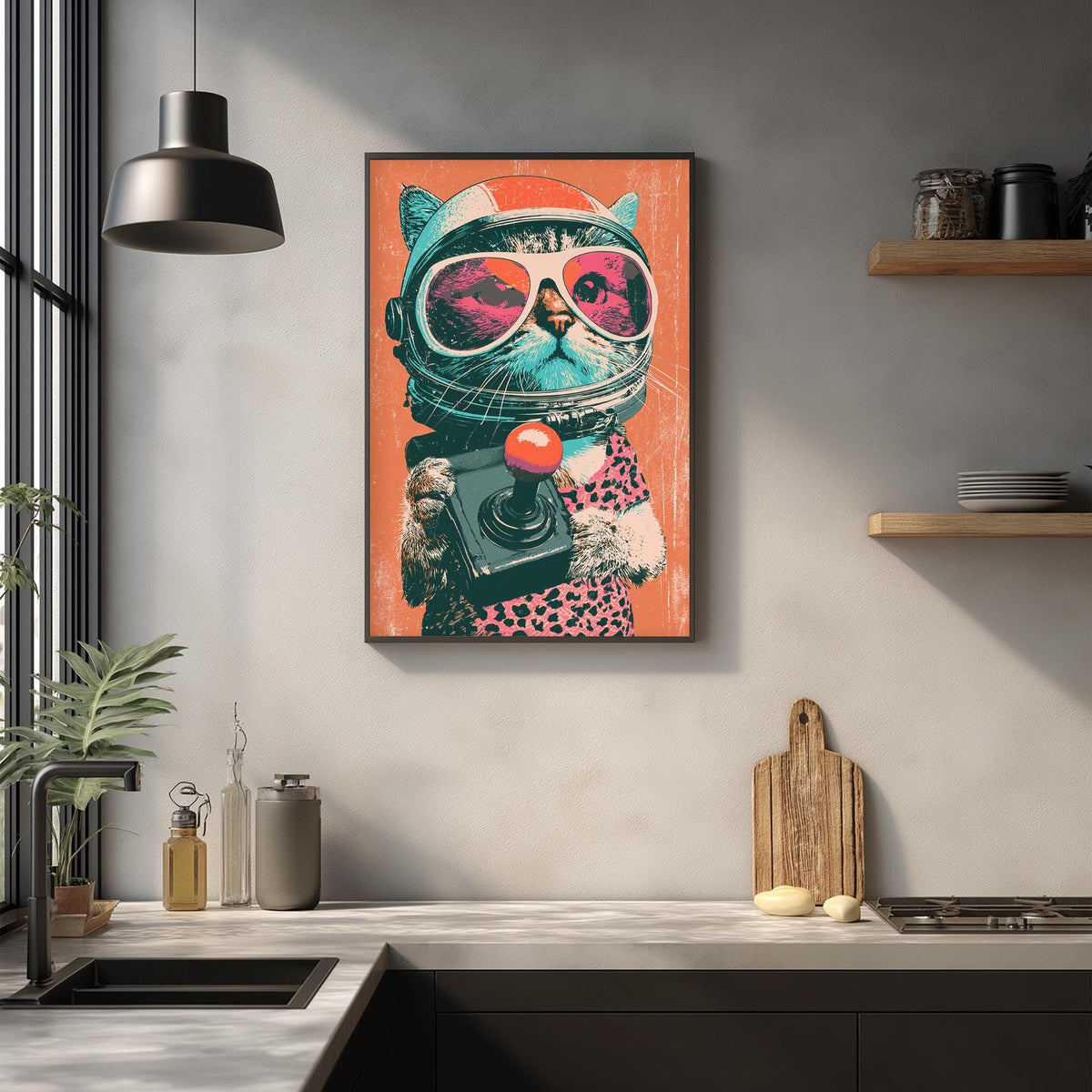 a vibrant and whimsical painting of a cat wearing a spacesuit and sunglasses, holding a camera, set against a colorful background.