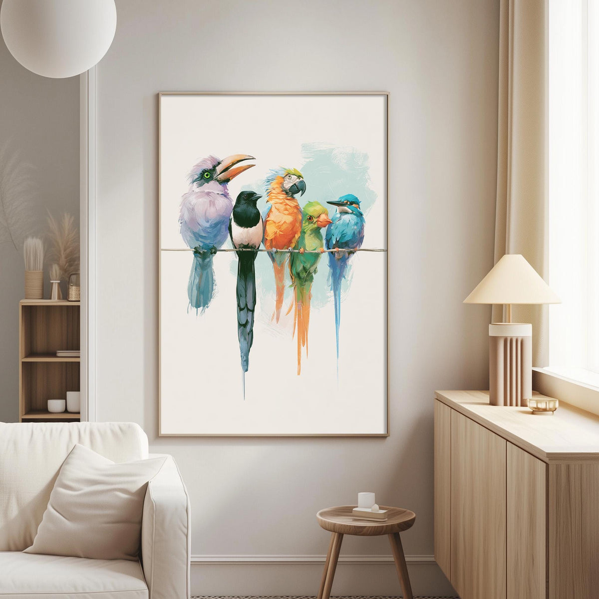 a large, colorful painting of a group of birds perched on a wire, hanging on a wall in a living room setting.