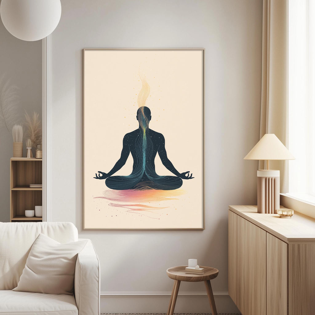 a living room with a large framed poster of a person in a meditative pose on the wall. The poster is surrounded by a minimalist decor, including a white sofa, a wooden side table, and a lamp.