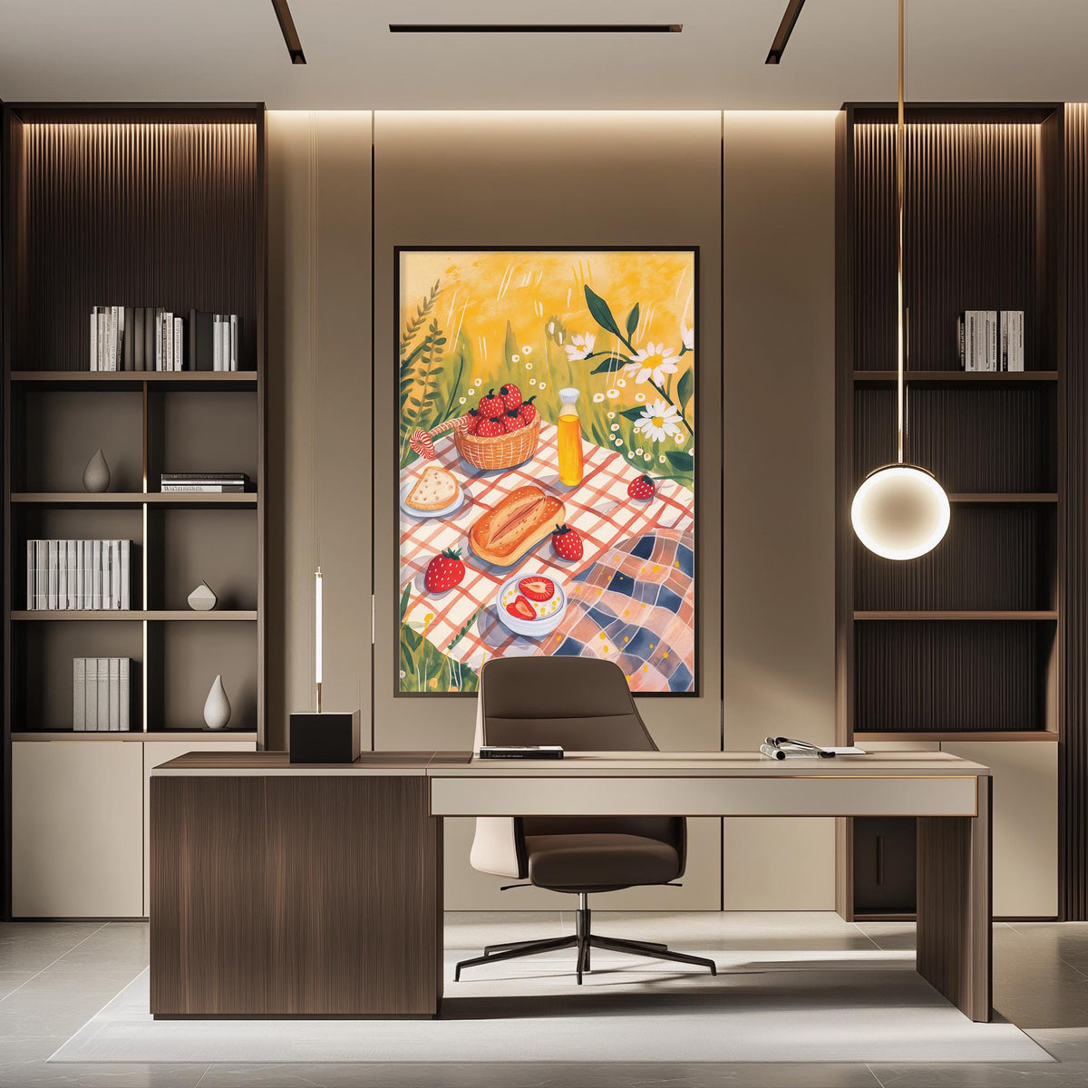 a modern office space with a large painting of a picnic scene on the wall. The painting depicts a table set with food, including a basket of fruit and a basket of bread. The office has a wooden desk and chair, and the overall design has a warm and inviting atmosphere.