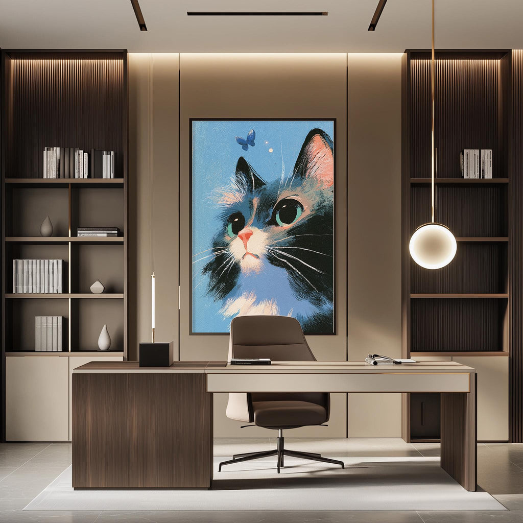 a modern office space with a large framed picture of a cat on the wall, a wooden desk with a chair, and a bookshelf filled with books.