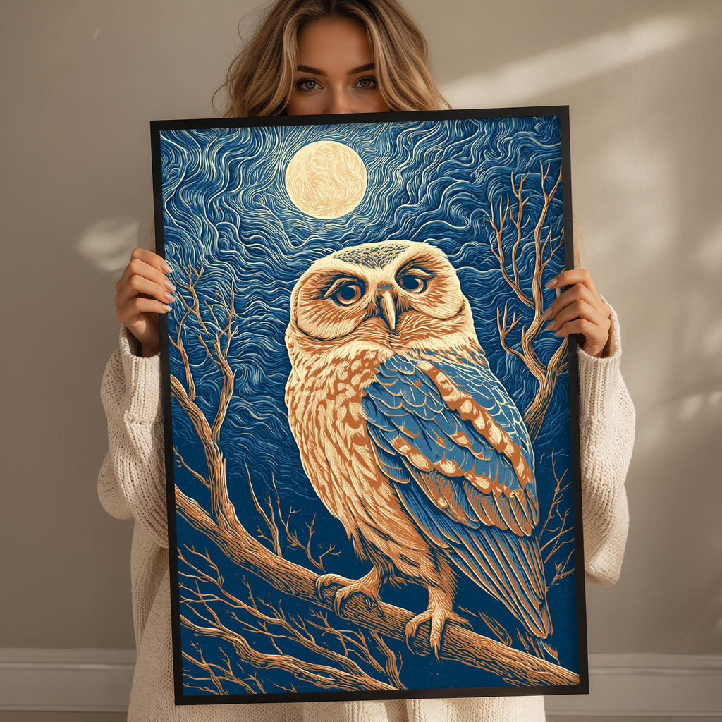 A woman holds up a framed painting of an owl against a night sky background with a full moon.