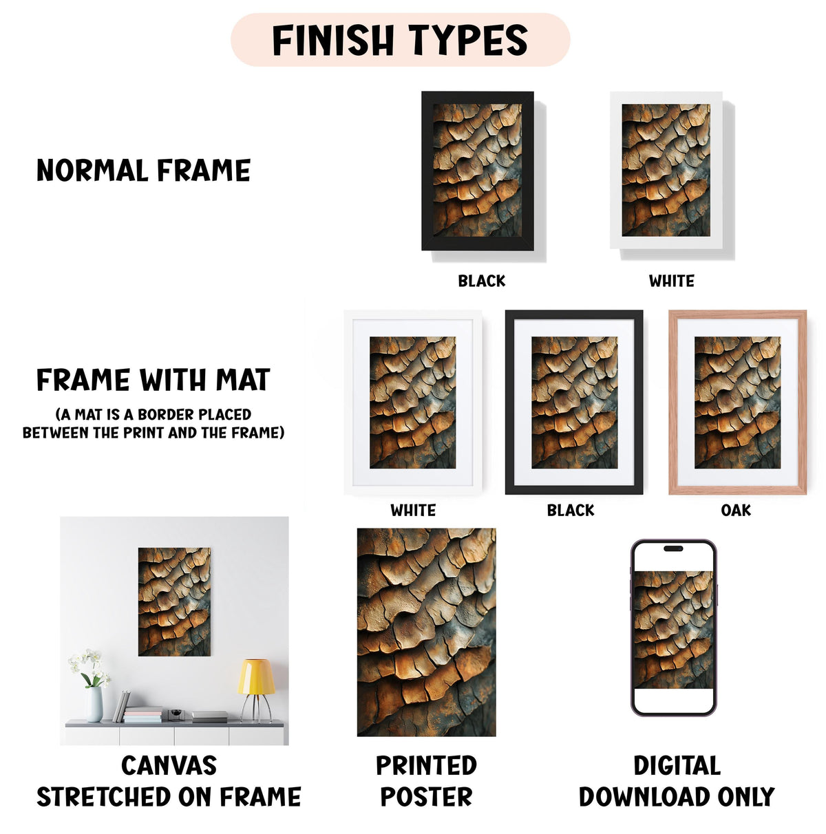 various types of artwork, including a canvas stretched on a frame, a framed poster, and a digital poster. The artwork features different finishes, such as a normal frame, a black frame, a white frame, a black frame, an oak frame, and a white frame. The artwork is displayed in different frames, including a white frame, a black frame, and a white frame. The artwork is also described as a canvas stretched on a frame, a printed poster, and a digital download only.