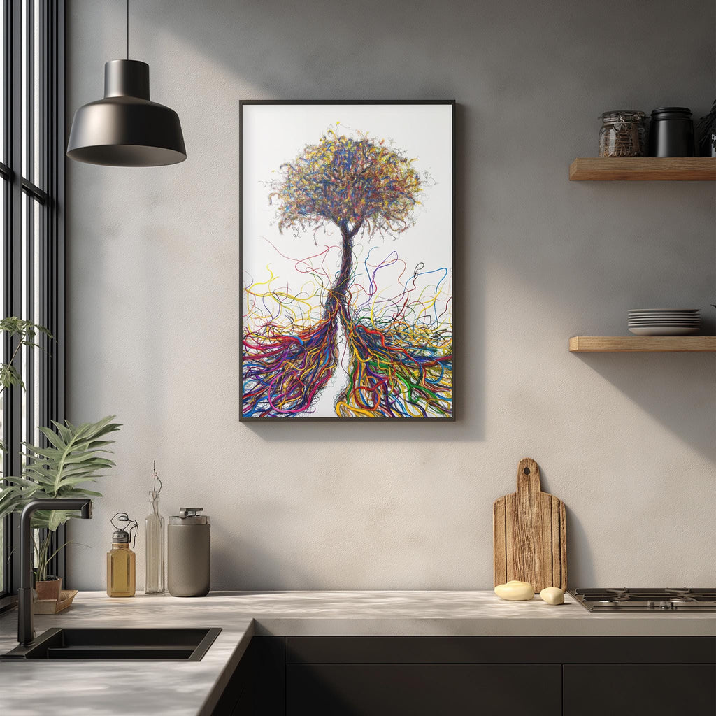 a kitchen counter with a wooden cutting board, a plant, and various kitchen items such as a bottle and a jar. Above the counter, there is a framed painting of a tree with colorful, abstract roots.