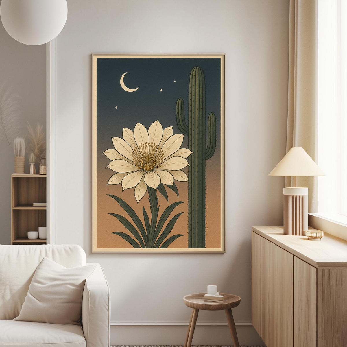 a living room with a large framed picture of a cactus and a flower hanging on the wall. The cactus has a green stem and a large white flower blooming on it. The room has a white sofa, a wooden side table, and a lamp on a table next to the sofa.
