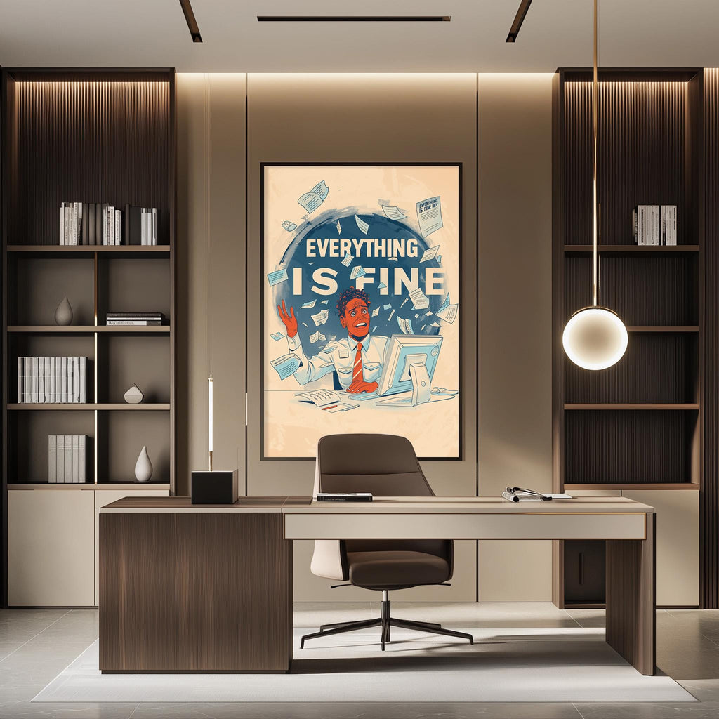 a modern office space with a large framed poster on the wall that reads "EVERYTHING IS FINE". The office has a wooden desk, a chair, and a bookshelf filled with books. The overall design and decor of the space create a professional and comfortable atmosphere.