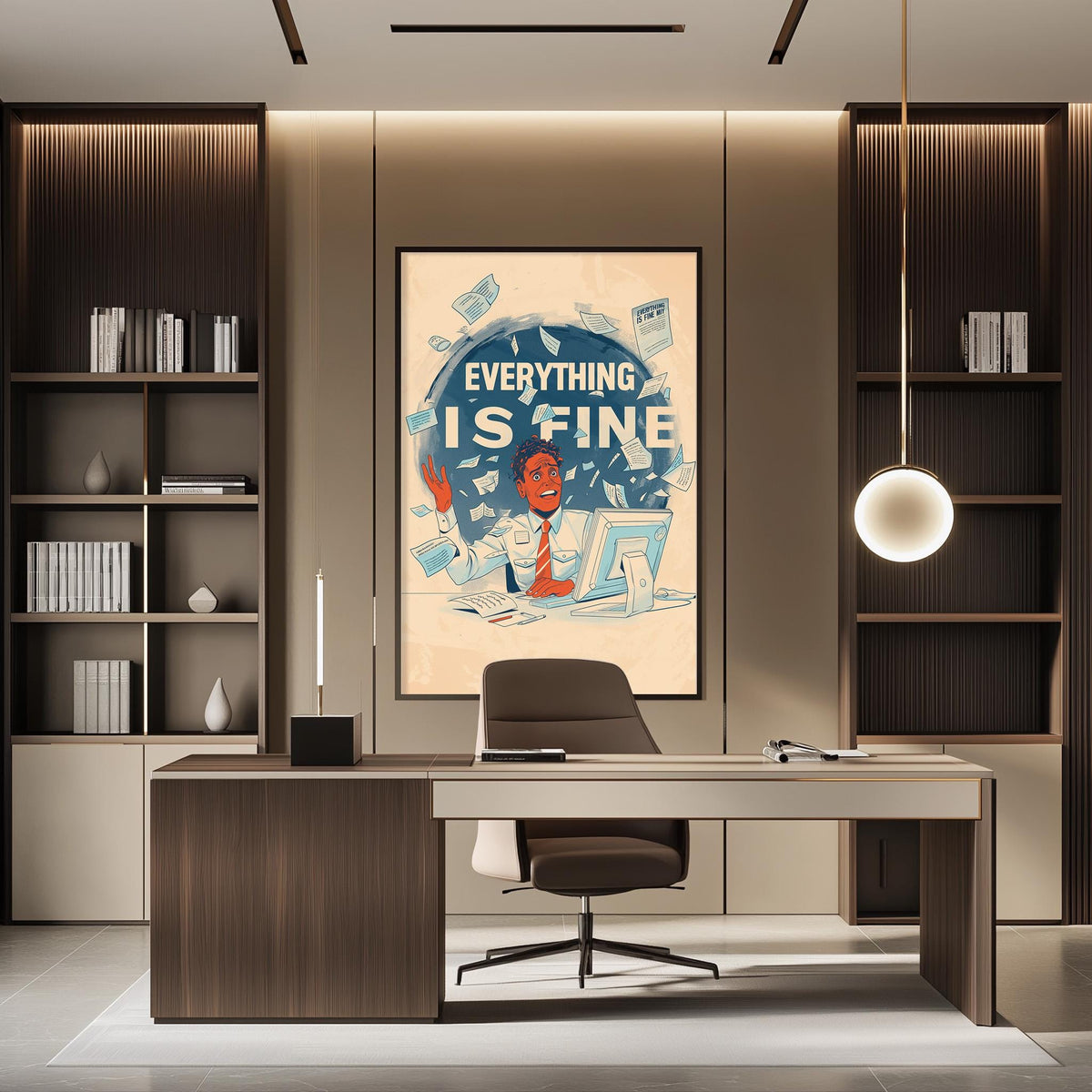 a modern office space with a large framed poster on the wall that reads "EVERYTHING IS FINE". The office has a wooden desk, a chair, and a bookshelf filled with books. The overall design and decor of the space create a professional and comfortable atmosphere.