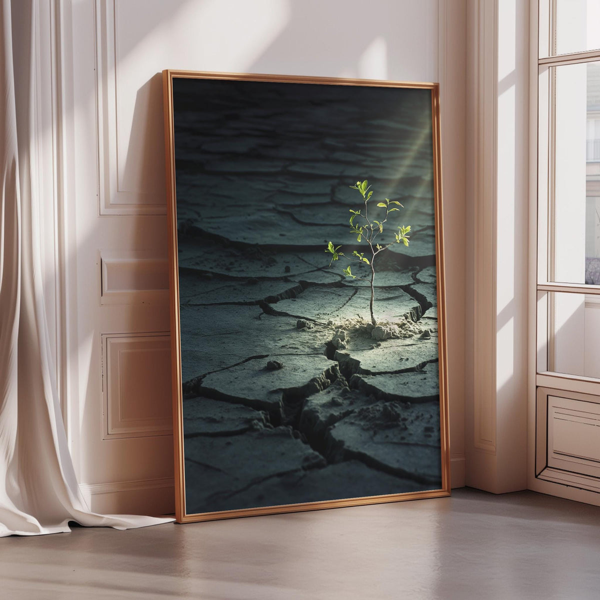 A framed photograph depicting a small green plant growing in a cracked, parched landscape, with sunlight shining through the cracks and casting shadows on the ground.