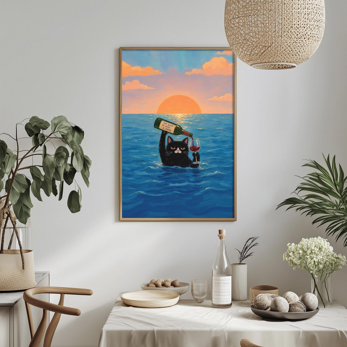 a framed painting of a cat holding a wine glass and standing in the ocean, with a sunset in the background.