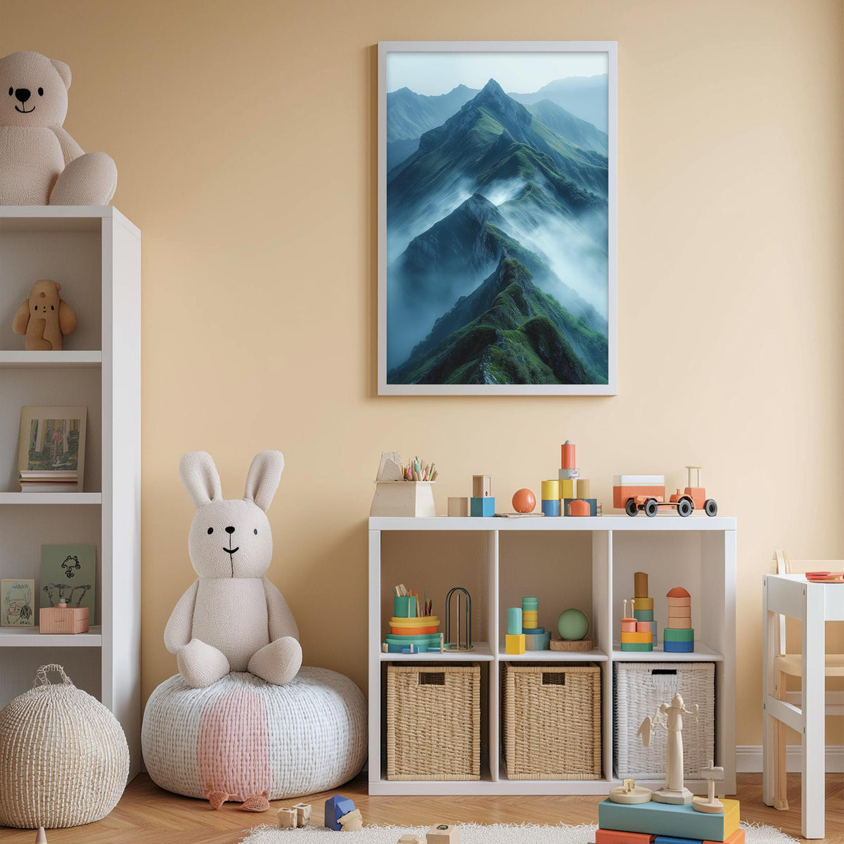 A cozy children's room with a large mountain landscape painting on the wall, a white bookshelf filled with toys, and a bean bag chair.