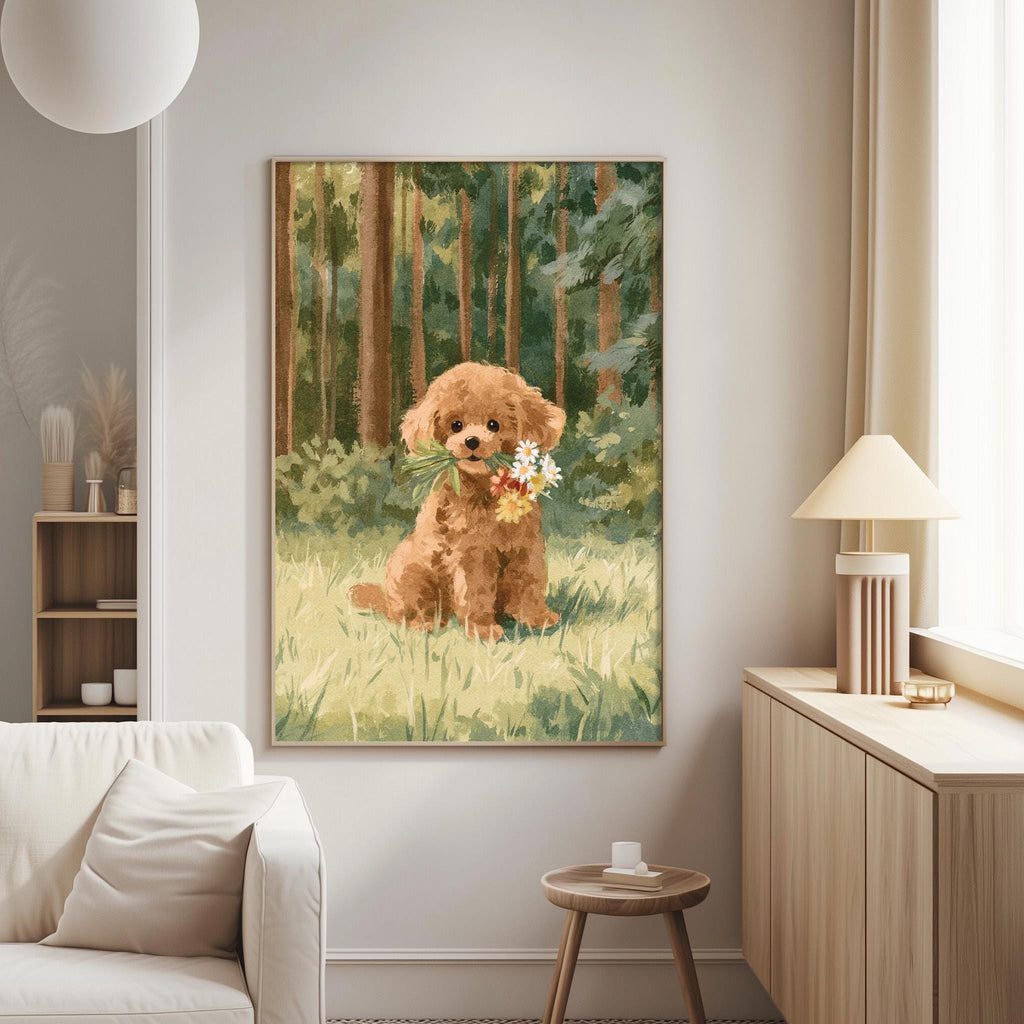a cozy living room with a large painting of a brown dog sitting in a grassy field, holding flowers in its mouth. The painting is hanging on the wall, and there is a white couch and a wooden side table in the room.