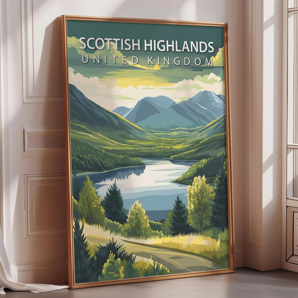A framed poster depicting a scenic landscape with mountains, trees, and a lake, with the text "SCOTTISH HIGHLANDS UNITED KINGDOM" prominently displayed.