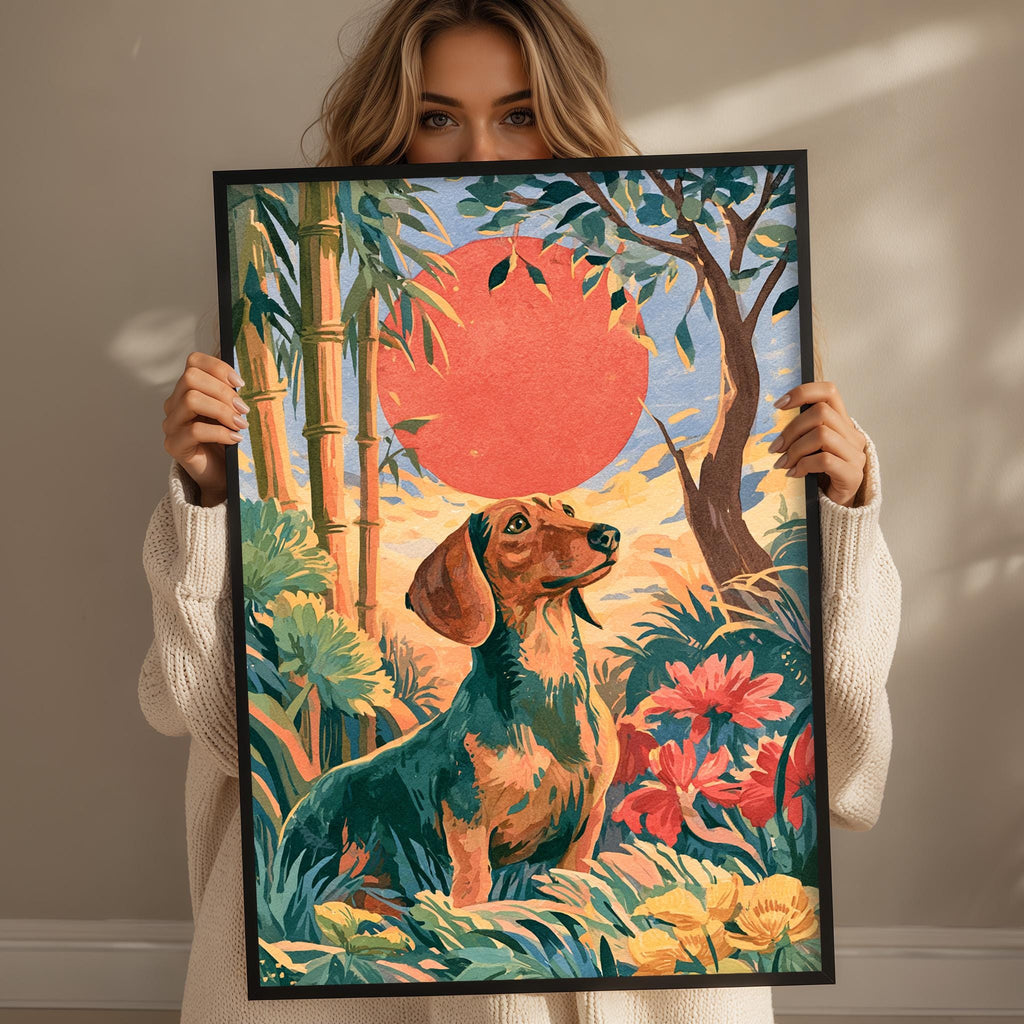 A woman holds up a framed painting depicting a dog in a tropical setting with a large red sun in the background.