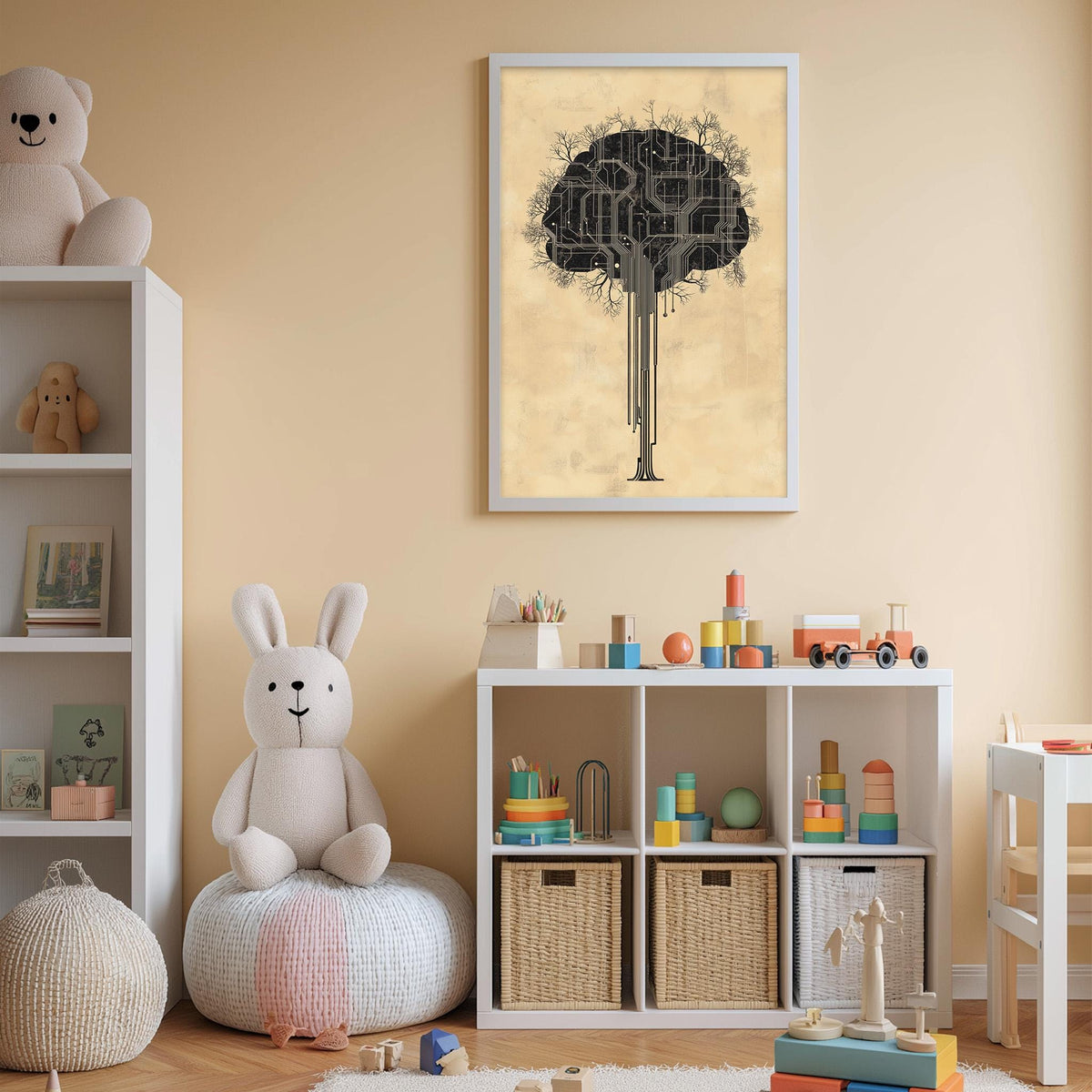 A cozy and colorful children's bedroom with a large tree-like artwork on the wall, a bookshelf filled with toys, and a bean bag chair.