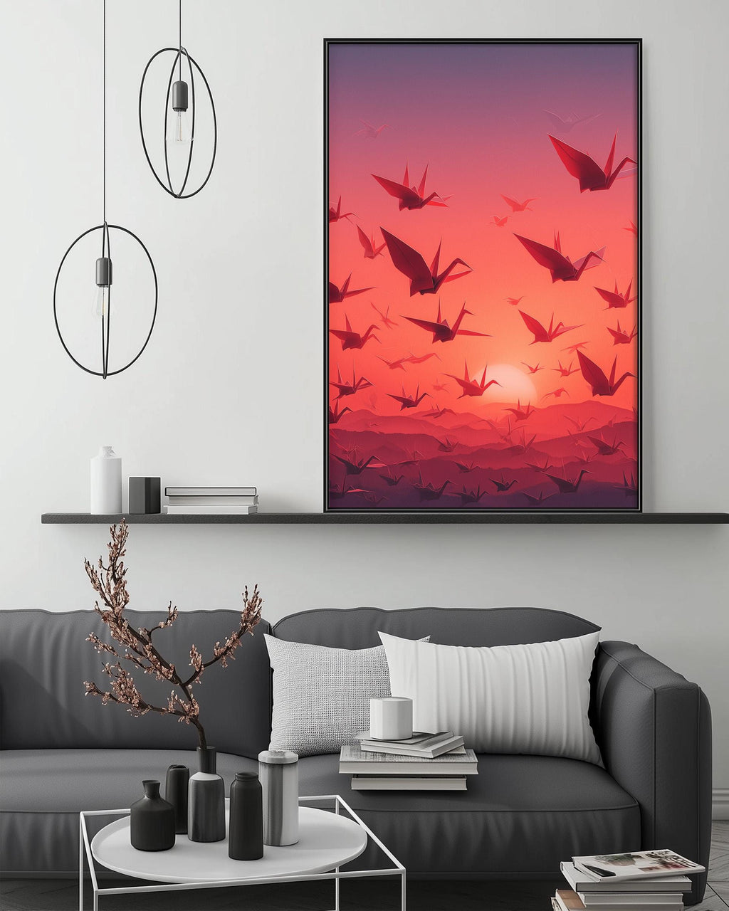 a large framed artwork depicting a flock of birds flying against a sunset-like background, creating a serene and artistic atmosphere.