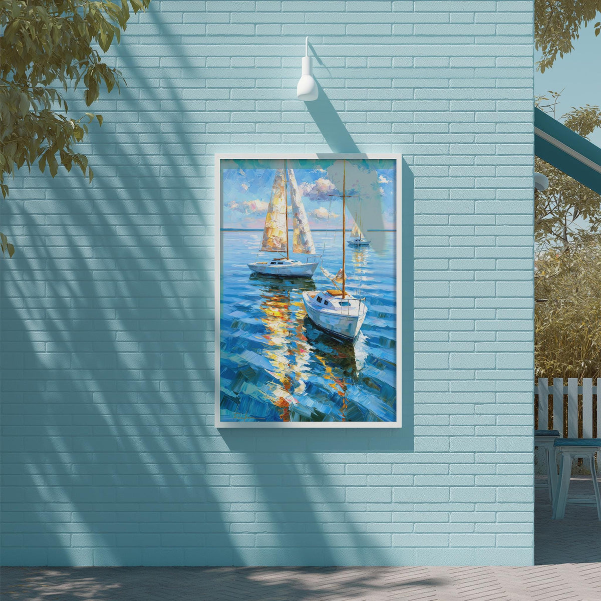 a painting of two sailboats on the water, hanging on a blue brick wall.