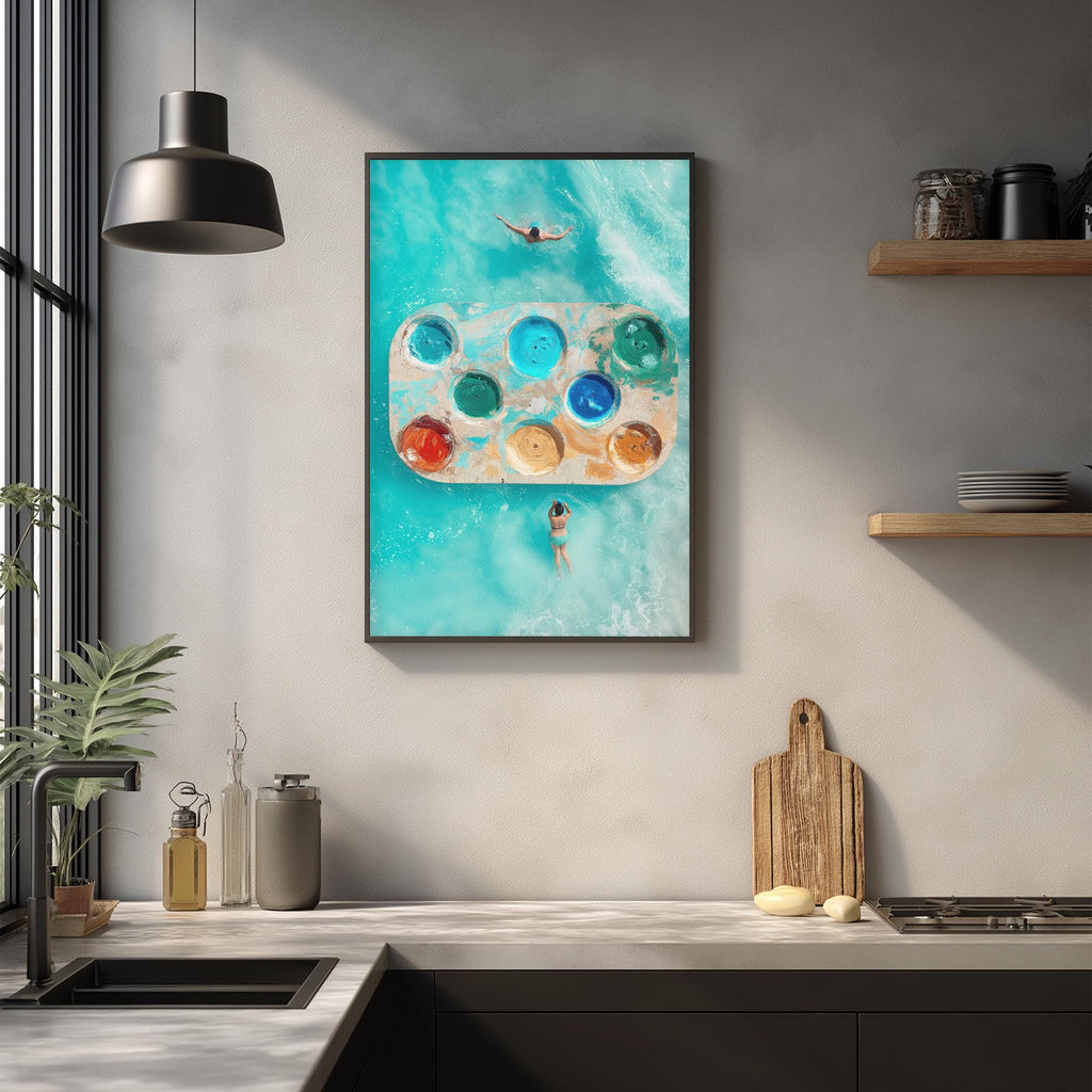 a kitchen counter with various items on it, including a cutting board, a soap dispenser, and a plant. Above the counter, there is a framed picture of a person swimming in a pool, surrounded by colorful umbrellas.