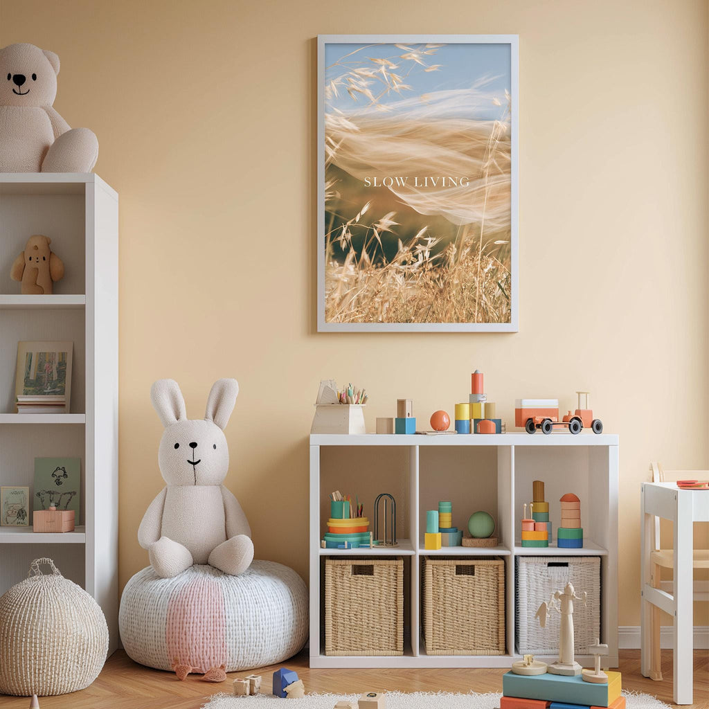 A cozy and colorful children's bedroom with a large stuffed rabbit, a bookshelf, and a storage unit filled with toys and books.