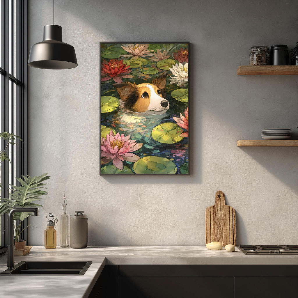 a kitchen counter with a framed painting of a dog swimming in a pond filled with colorful lily pads. The painting is hanging on the wall above the counter.
